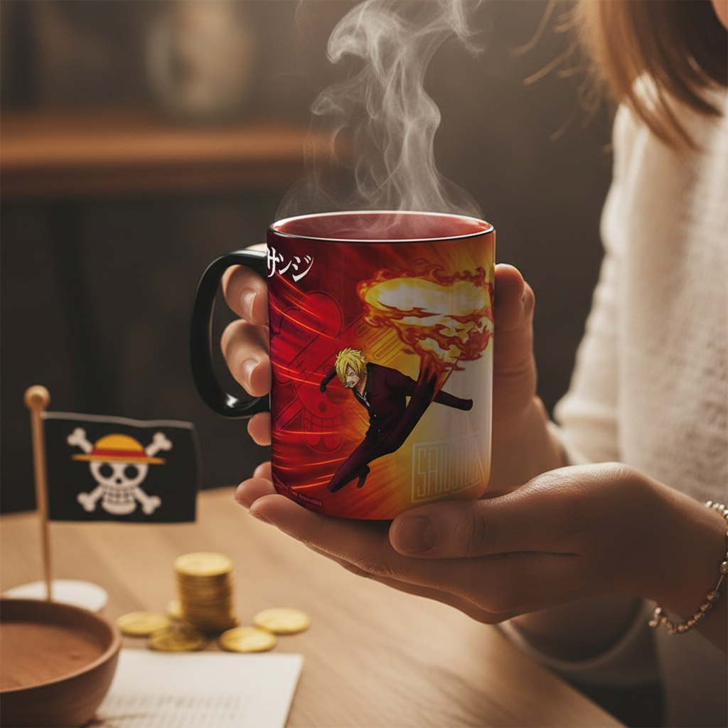 Fans Geek Store One Piece heat-sensitive ceramic mug featuring Sanji in action, held by a person with steam rising.