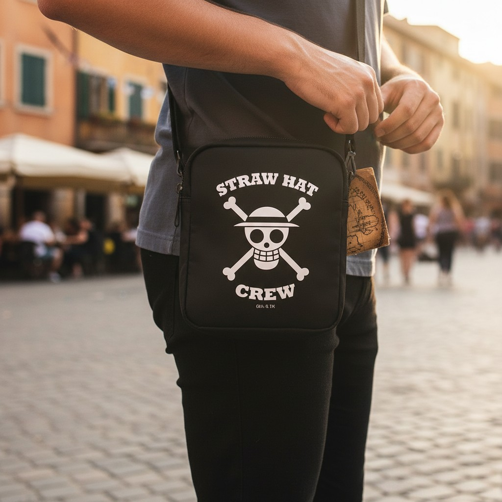 Fans Geek Store black One Piece shoulder bag featuring the white Straw Hat Skull logo worn by a person outdoors