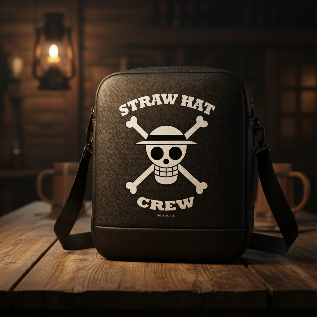 Fans Geek Store black One Piece shoulder bag featuring the white Straw Hat Crew skull logo on a wooden table