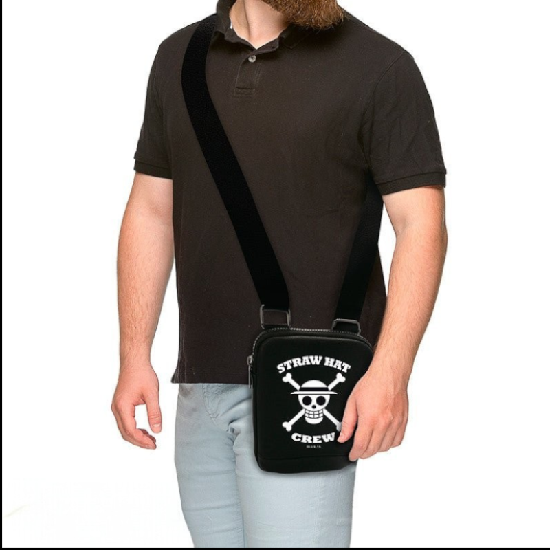 Fans Geek Store One Piece black shoulder bag featuring the white Straw Hat Crew skull logo with adjustable strap