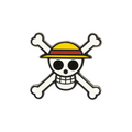 Fans Geek Store metal One Piece Straw Hat skull pin featuring a yellow hat and white crossbones on a white background