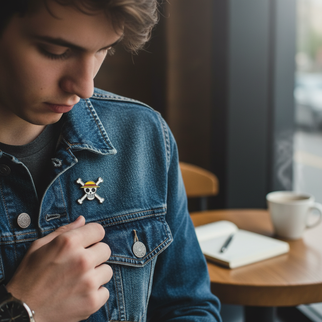 Fans Geek Store metal One Piece Straw Hat Skull pin attached to a blue denim jacket worn by a young man
