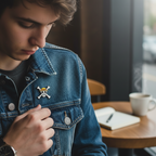 Fans Geek Store metal One Piece Straw Hat Skull pin attached to a blue denim jacket worn by a young man