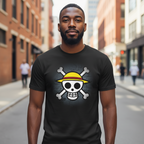 Fans Geek Store black cotton unisex T-shirt featuring the One Piece Straw Hat Pirates skull logo on a city street