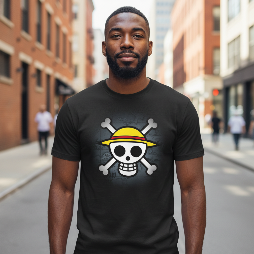 Fans Geek Store black cotton unisex T-shirt featuring the One Piece Straw Hat Pirates skull logo on a city street