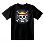 Fans Geek Store black unisex cotton t-shirt featuring the classic One Piece Straw Hat Pirates skull and crossbones