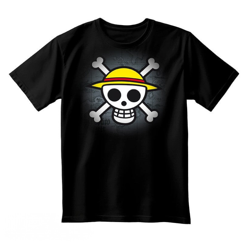 Fans Geek Store black unisex cotton t-shirt featuring the classic One Piece Straw Hat Pirates skull and crossbones