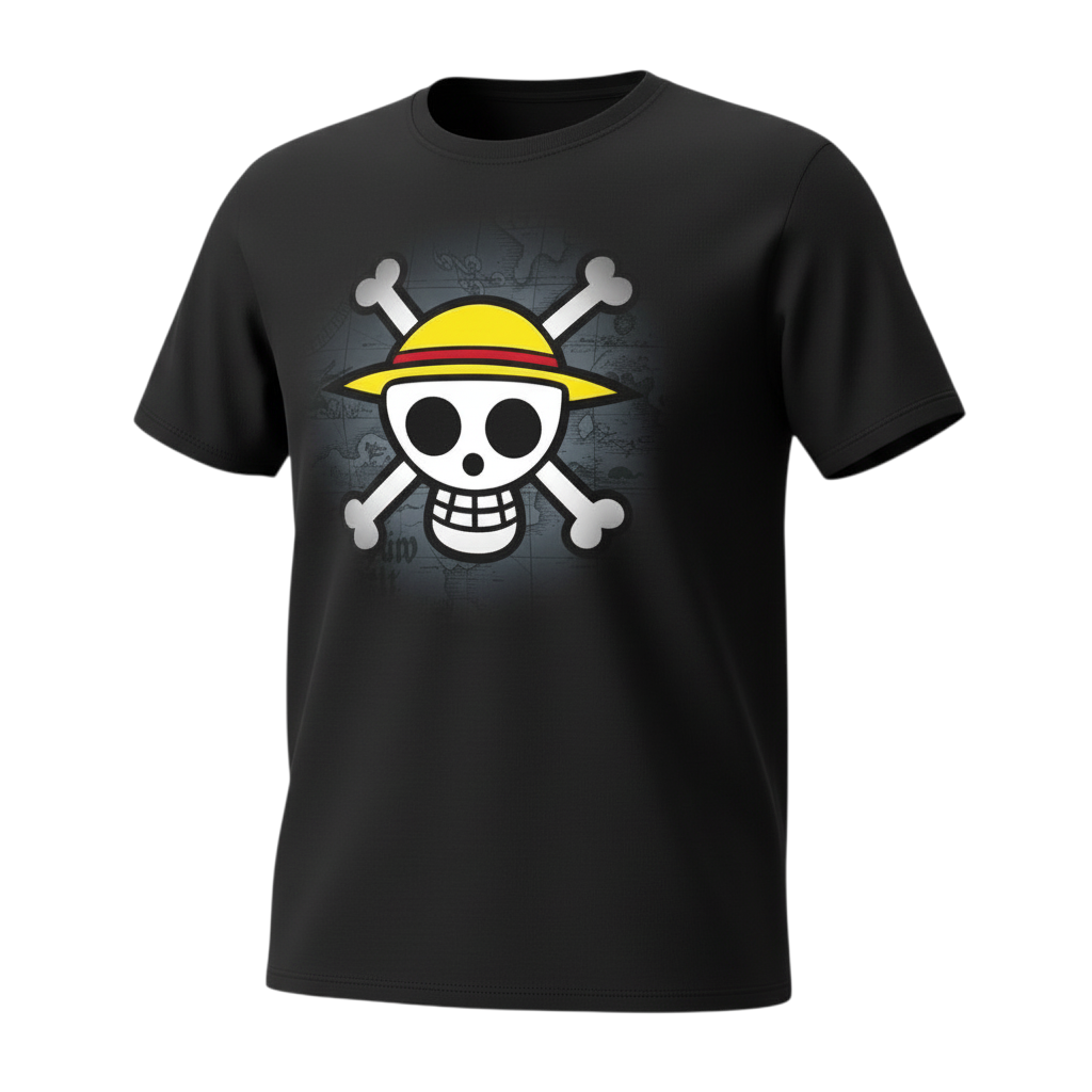 Fans Geek Store black unisex cotton T-shirt featuring the classic One Piece Straw Hat Pirates skull logo