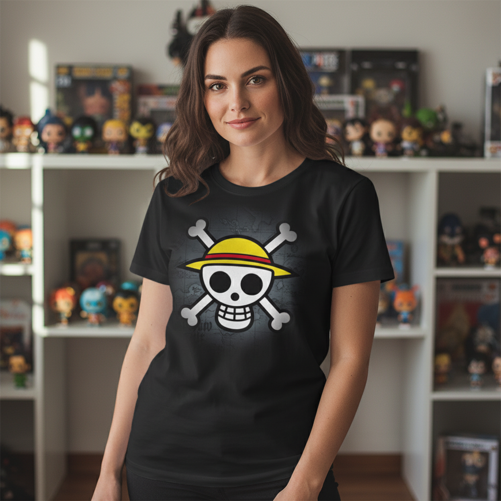 Woman wearing a black Fans Geek Store One Piece cotton t-shirt featuring the classic Straw Hat Pirates skull logo.