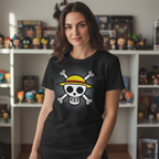Woman wearing a black Fans Geek Store One Piece cotton t-shirt featuring the classic Straw Hat Pirates skull logo.