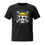 Fans Geek Store black cotton unisex T-shirt featuring the classic One Piece Straw Hat Pirates skull logo
