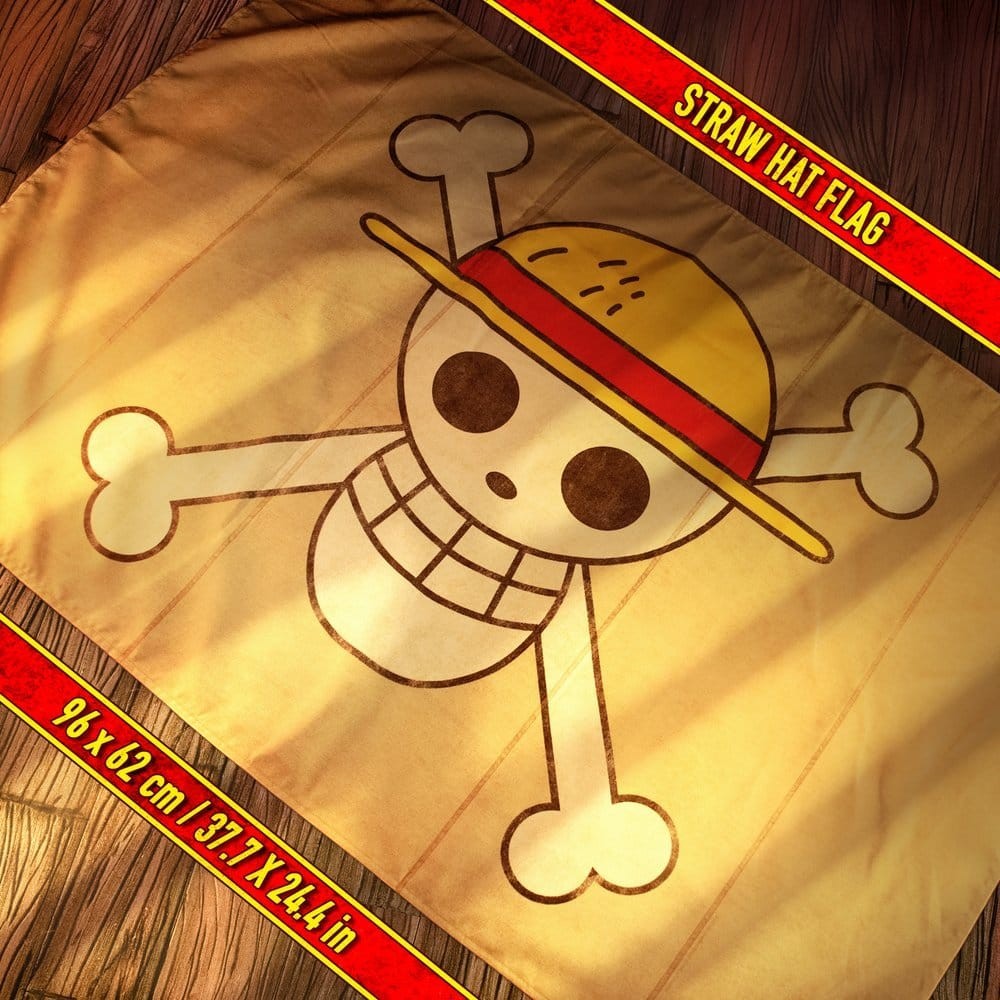 Fans Geek Store One Piece Straw Hat Crew flag with iconic skull and straw hat emblem on a vintage parchment background