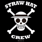 Fans Geek Store One Piece Straw Hat Skull logo emblem in white on a black background