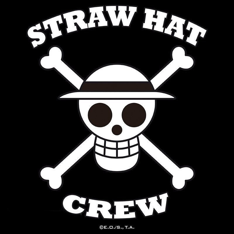 Fans Geek Store One Piece Straw Hat Skull logo emblem in white on a black background