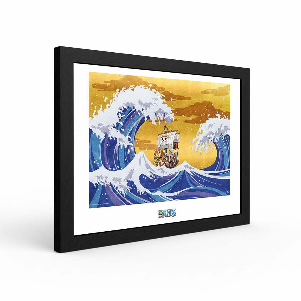 Fans Geek Store framed One Piece Thousand Sunny poster featuring a Wano-style wave design in a black frame