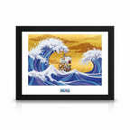 Fans Geek Store framed One Piece Thousand Sunny poster featuring a Wano-style wave design in a black frame.