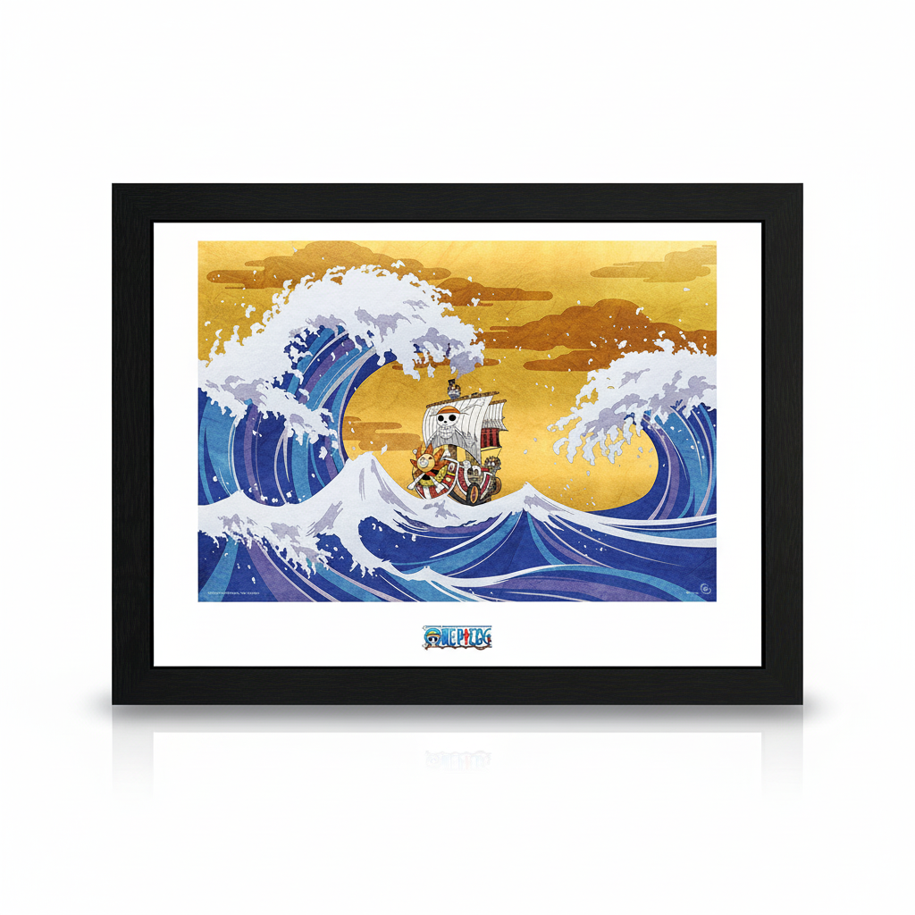 Fans Geek Store framed One Piece Thousand Sunny poster featuring a Wano-style wave design in a black frame.