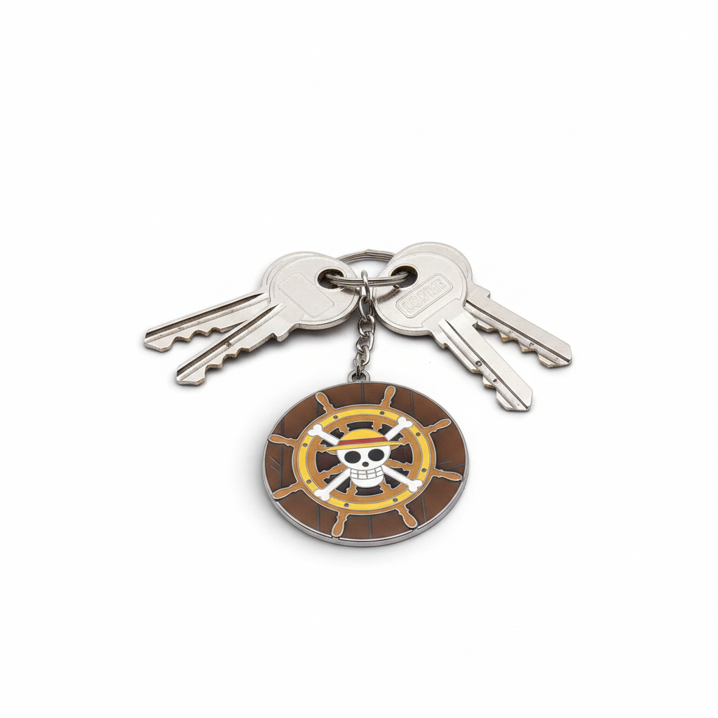 Fans Geek Store One Piece Thousand Sunny metal keychain featuring a rotating ship steering wheel with Jolly Roger