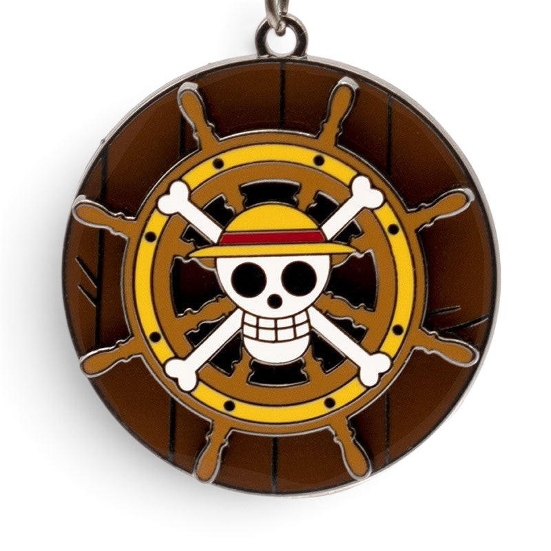 Fans Geek Store One Piece Thousand Sunny metal keychain featuring a rotating ship wheel and Straw Hat skull logo.