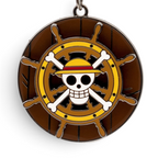 Fans Geek Store One Piece Thousand Sunny metal keychain featuring a rotating ship wheel and Straw Hat skull logo.