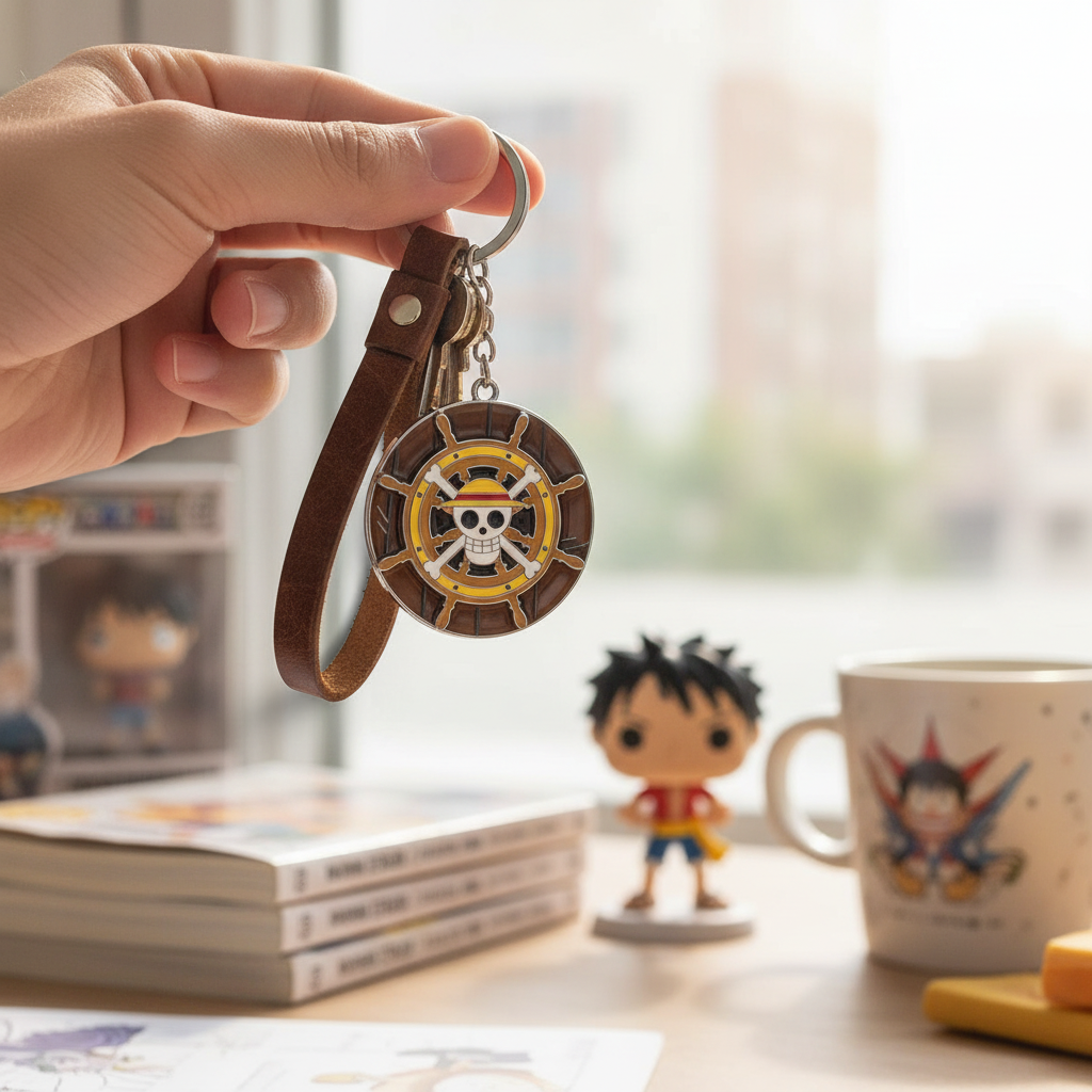 Fans Geek Store One Piece Thousand Sunny ship wheel metal keychain with brown leather strap held in hand