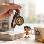 Fans Geek Store One Piece Thousand Sunny ship wheel metal keychain with brown leather strap held in hand