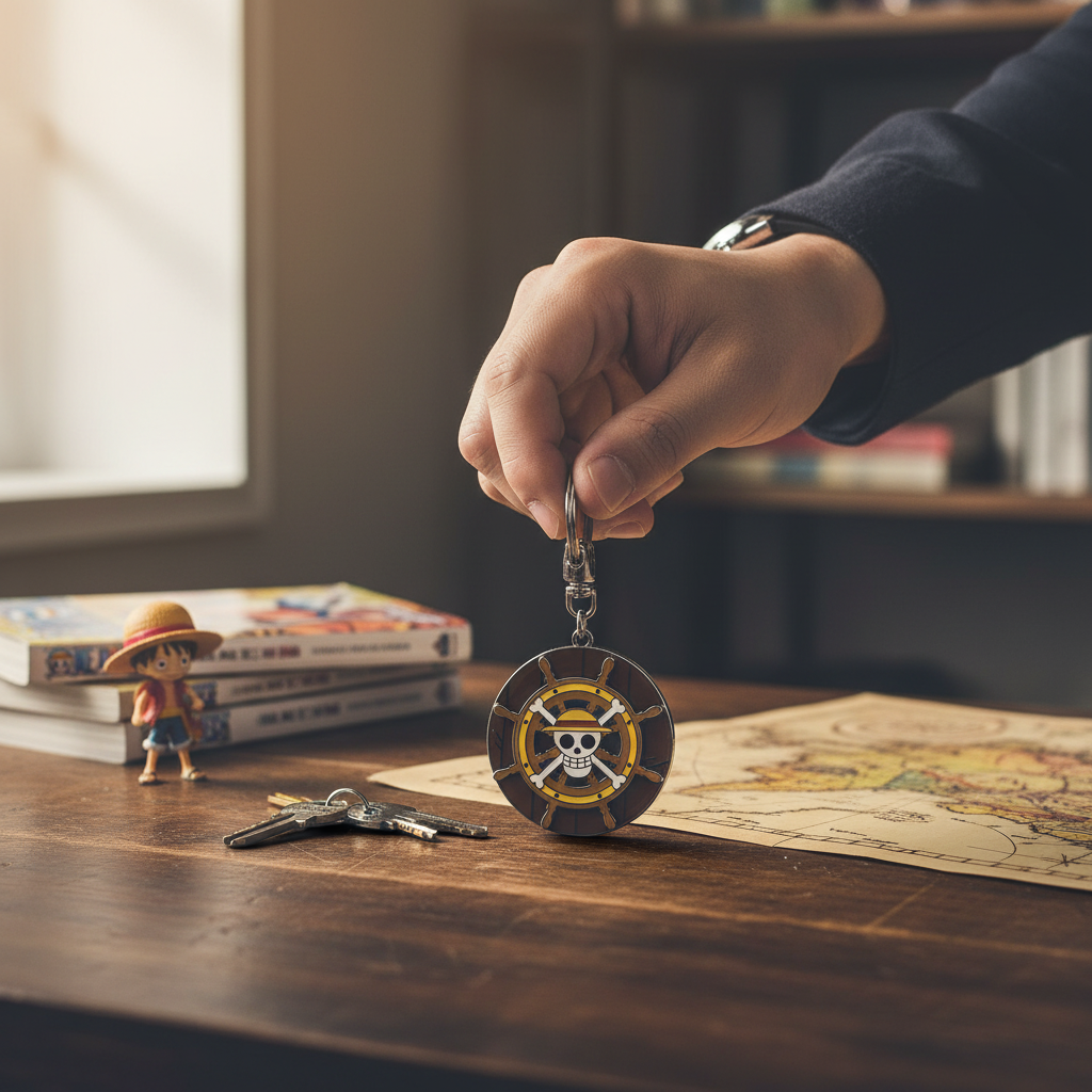 Fans Geek Store metal Thousand Sunny ship wheel keychain from One Piece held by a hand over a wooden desk