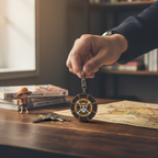 Fans Geek Store metal Thousand Sunny ship wheel keychain from One Piece held by a hand over a wooden desk