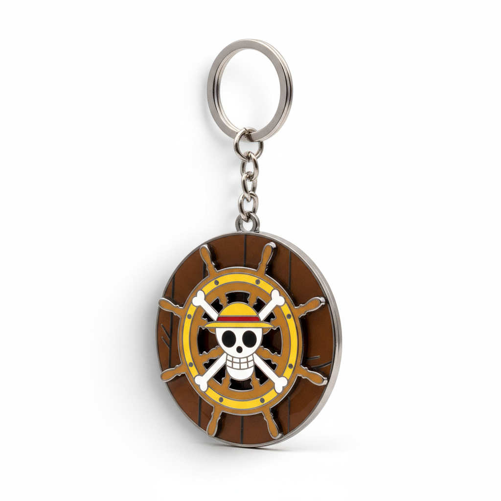 Fans Geek Store One Piece Thousand Sunny metal keychain featuring a rotating ship steering wheel with a skull logo