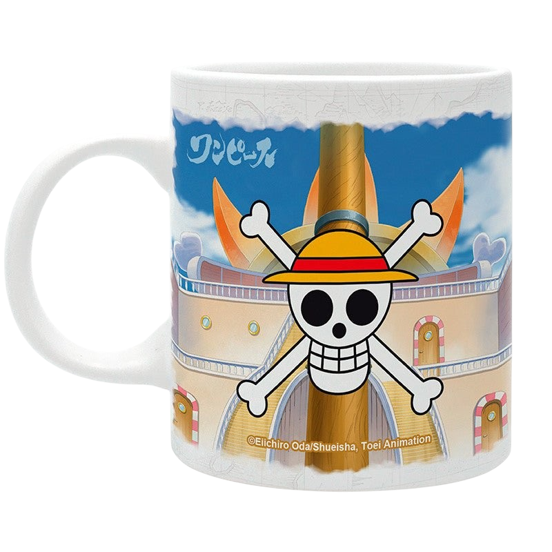 Fans Geek Store One Piece ceramic mug featuring the Thousand Sunny ship and Straw Hat crew skull logo