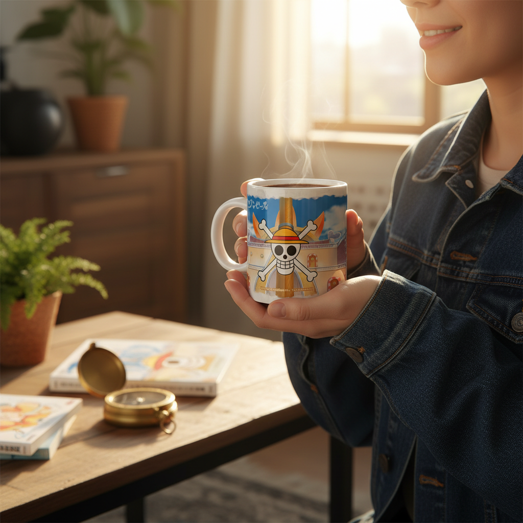 Fans Geek Store ceramic One Piece mug featuring the Thousand Sunny ship and Straw Hat crew logo held by a woman