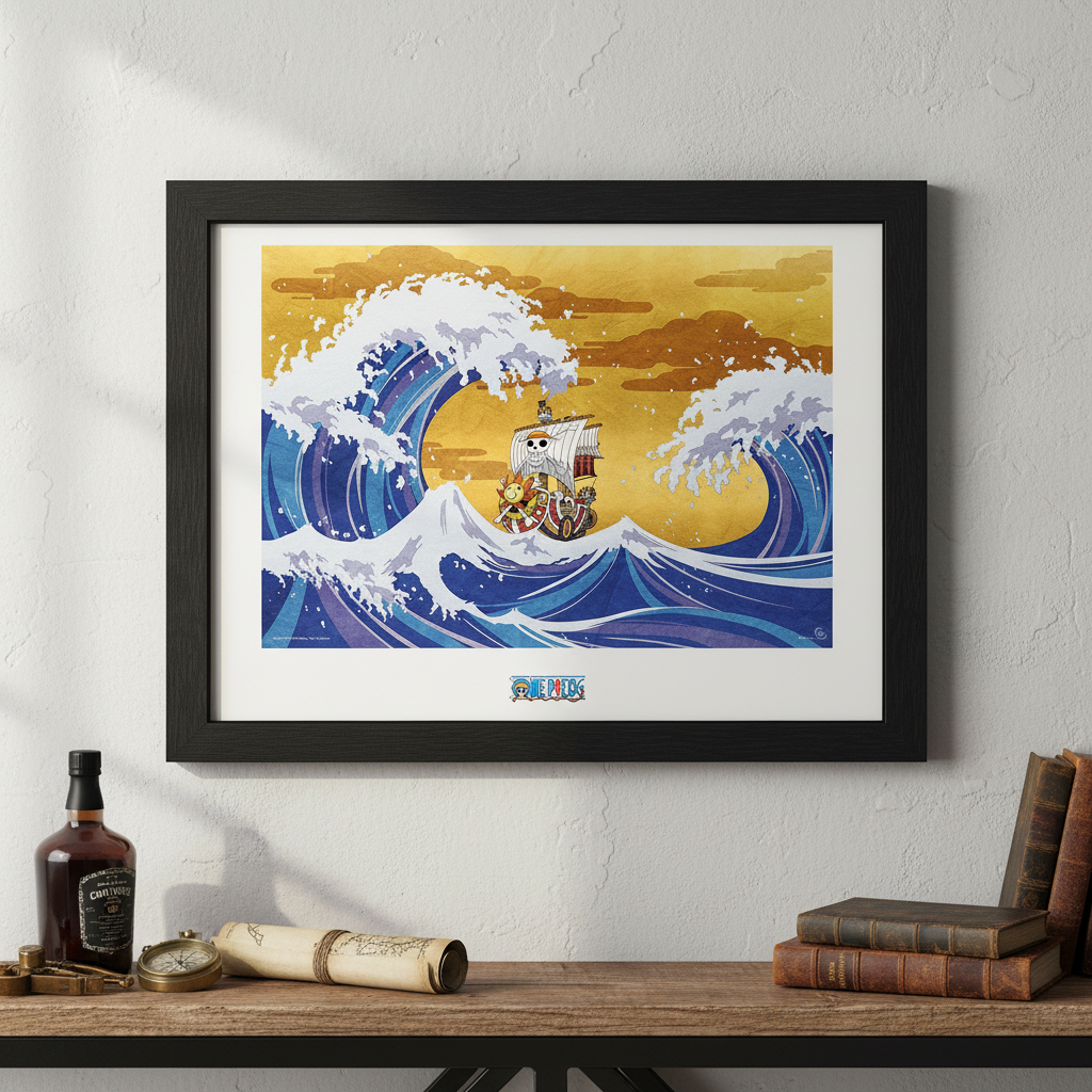 Fans Geek Store framed One Piece Thousand Sunny poster featuring a Wano-style wave illustration on a white wall.