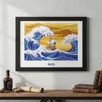 Fans Geek Store framed One Piece Thousand Sunny poster featuring a Wano-style wave illustration on a white wall.