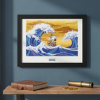 Fans Geek Store framed One Piece Thousand Sunny poster featuring a Wano-style wave print on a blue wall.