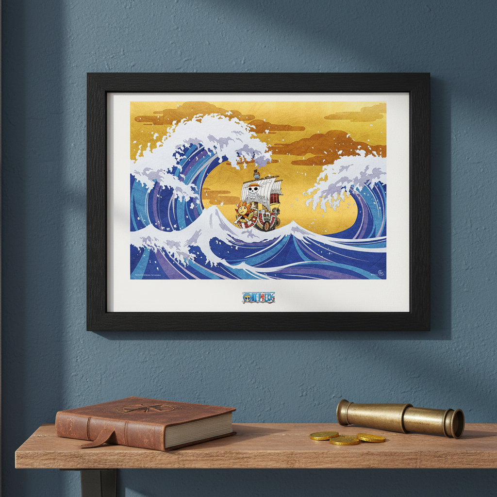 Fans Geek Store framed One Piece Thousand Sunny poster featuring a Wano-style wave print on a blue wall.