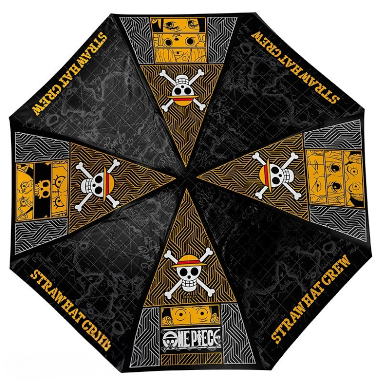 Fans Geek Store One Piece Straw Hat Crew umbrella with black and yellow Jolly Roger designs and polyester fabric
