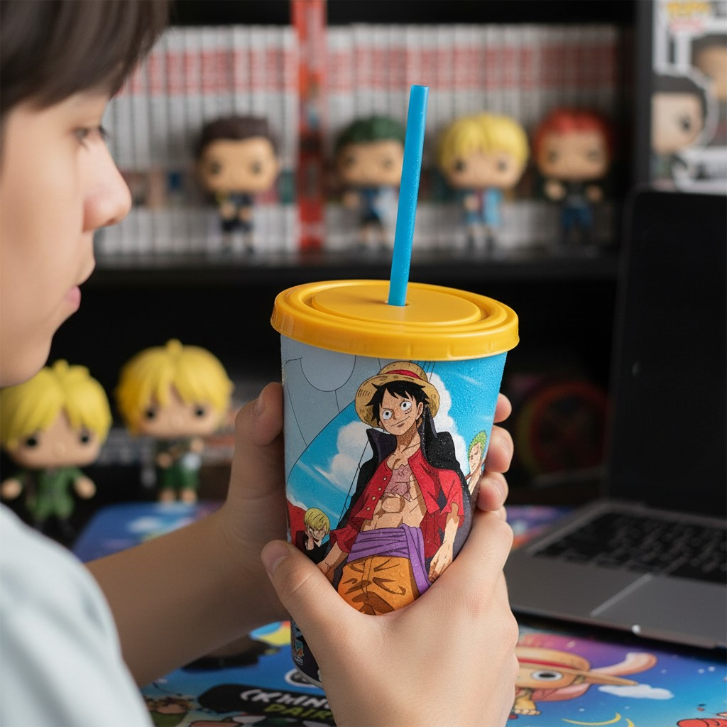 Fans Geek Store One Piece Wano reusable cup with blue straw and Luffy graphic, held by a fan in a gaming setup.