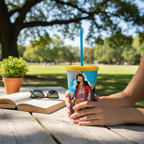 Fans Geek Store One Piece Wano reusable cup with straw featuring Luffy, held on a sunny outdoor park table.