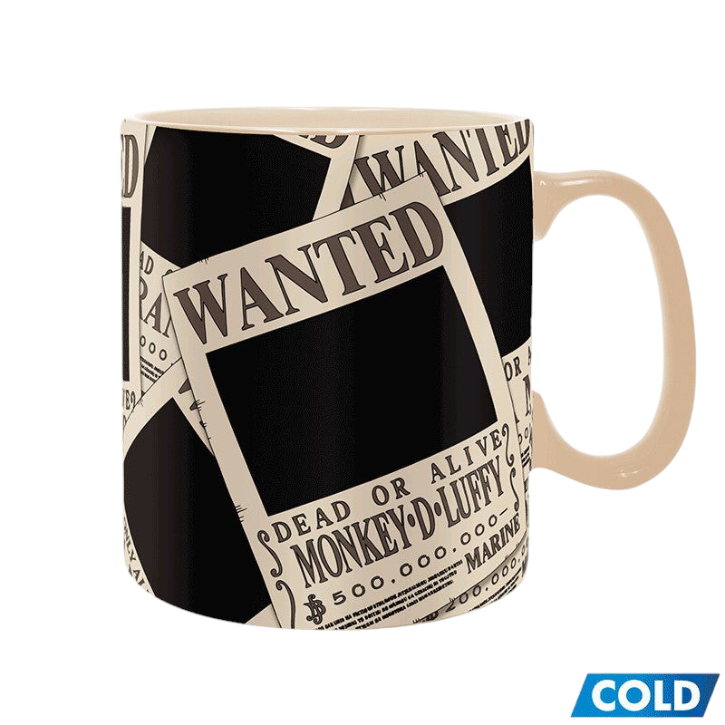 Fans Geek Store One Piece heat-sensitive ceramic mug featuring Straw Hat crew wanted posters in a cold state