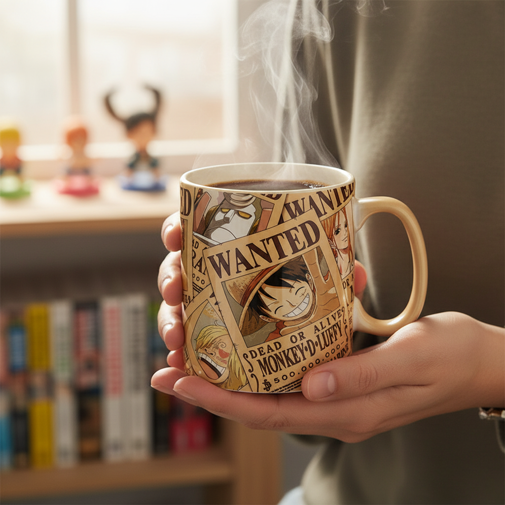 Fans Geek Store One Piece heat-sensitive ceramic mug featuring Straw Hat crew wanted posters held in hands