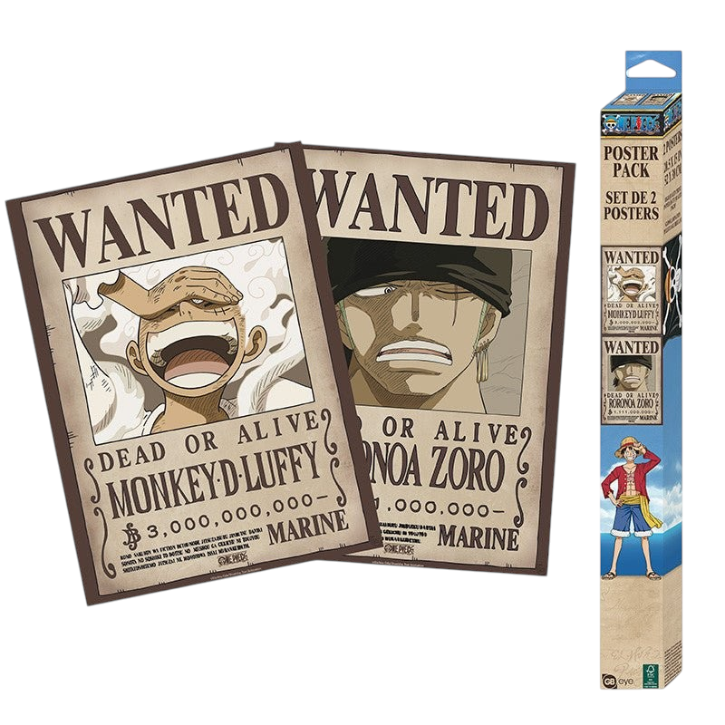 Fans Geek Store One Piece chibi wanted posters featuring Monkey D. Luffy and Roronoa Zoro in a set with packaging.