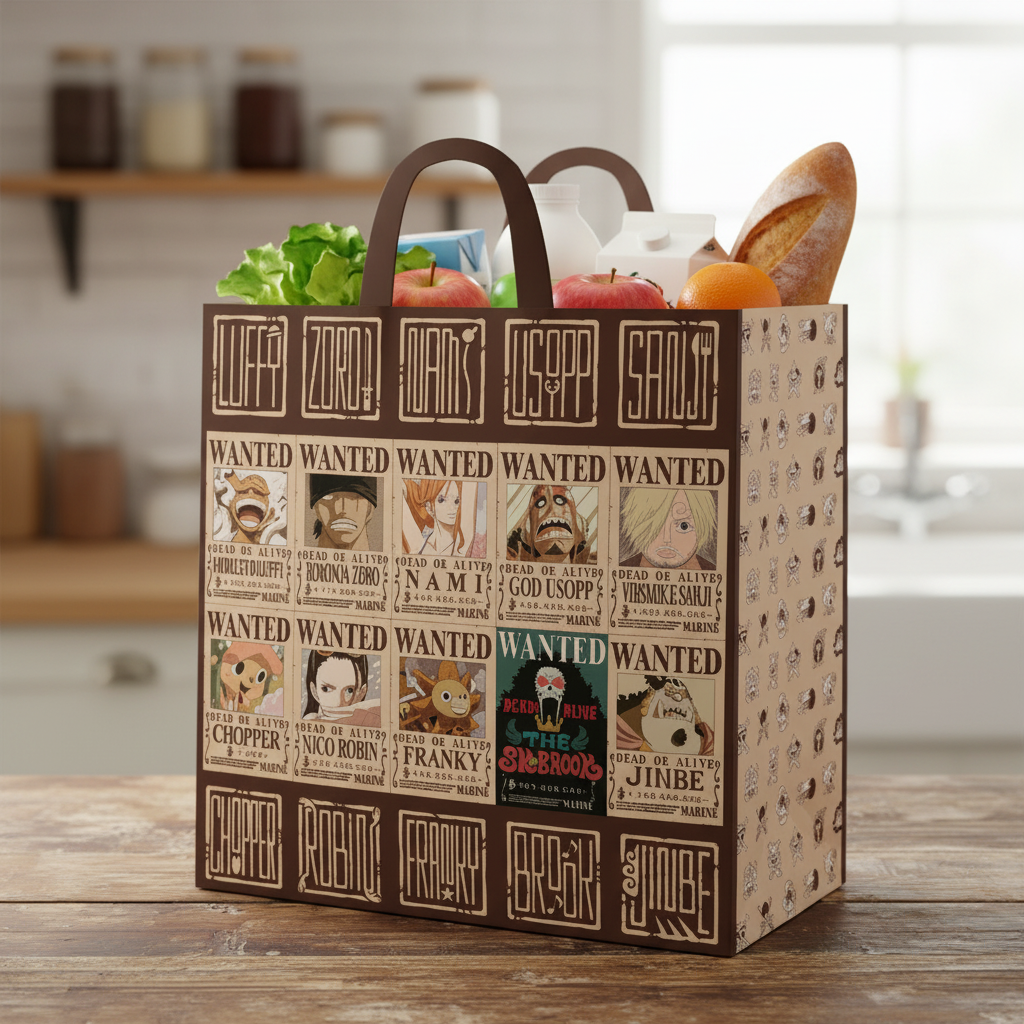 Fans Geek Store One Piece shopping bag featuring Straw Hat Crew Wanted posters on brown polypropylene material