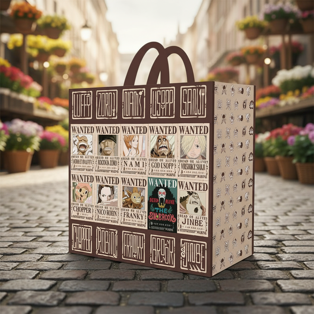 Fans Geek Store One Piece shopping bag featuring Straw Hat Crew Wanted posters on durable polypropylene material