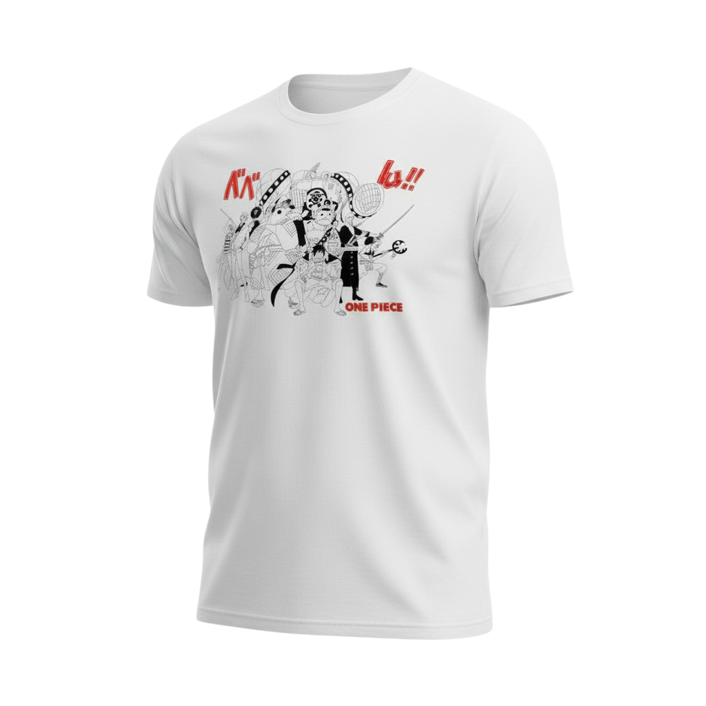 Fans Geek Store white cotton T-shirt featuring a black and red One Piece Straw Hat crew graphic print