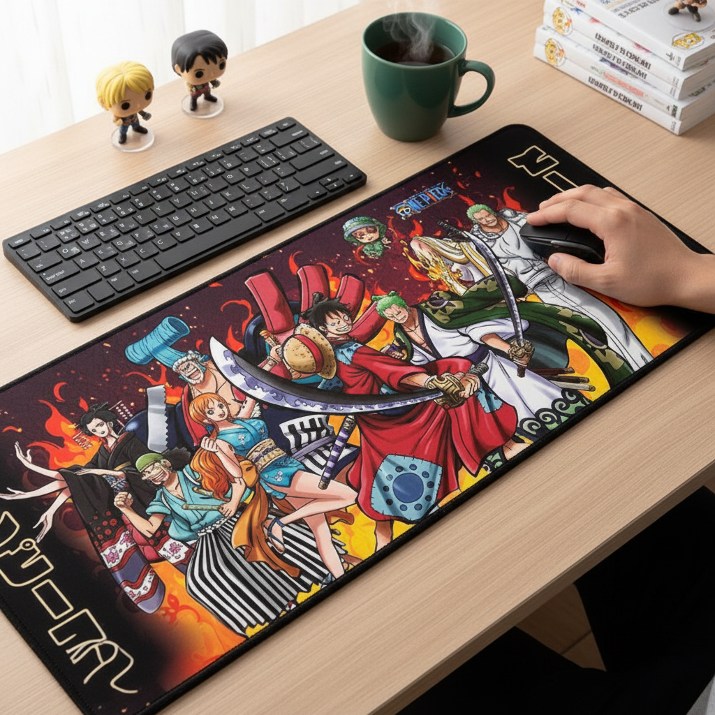 Fans Geek Store One Piece XXL gaming mouse pad featuring Straw Hat Pirates in Wano battle scene on a wooden desk.