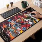 Fans Geek Store One Piece XXL gaming mouse pad featuring Straw Hat Pirates in Wano battle scene on a wooden desk.