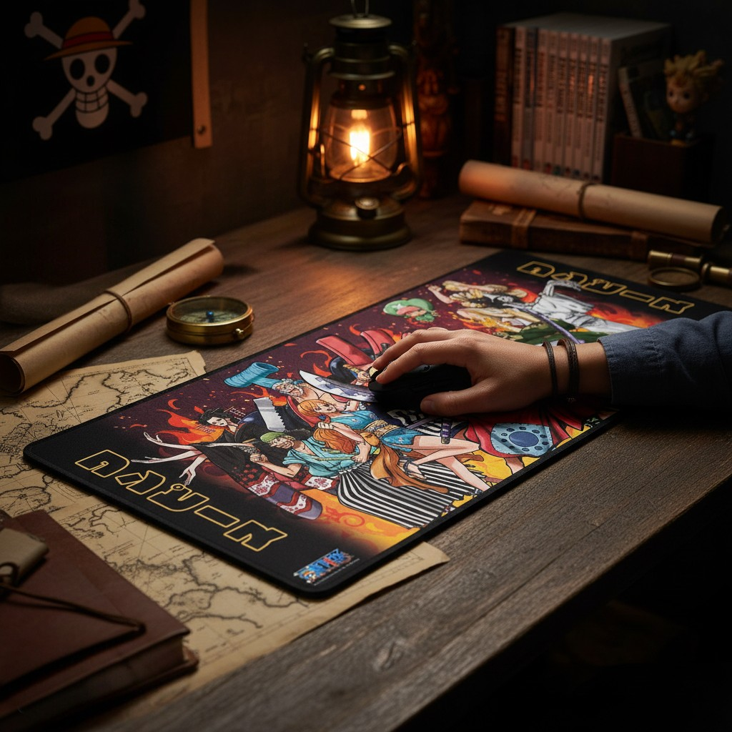 Fans Geek Store One Piece XXL gaming mouse pad featuring Straw Hat Pirates battle scene on a wooden desk setup