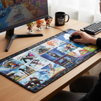 Fans Geek Store One Piece Straw Hat Crew XXL desk mat featuring anime panels on a wooden desk with gaming setup
