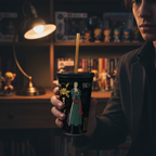 Fans Geek Store One Piece double-walled cup featuring Zoro with a straw, held by a person in a dimly lit room.