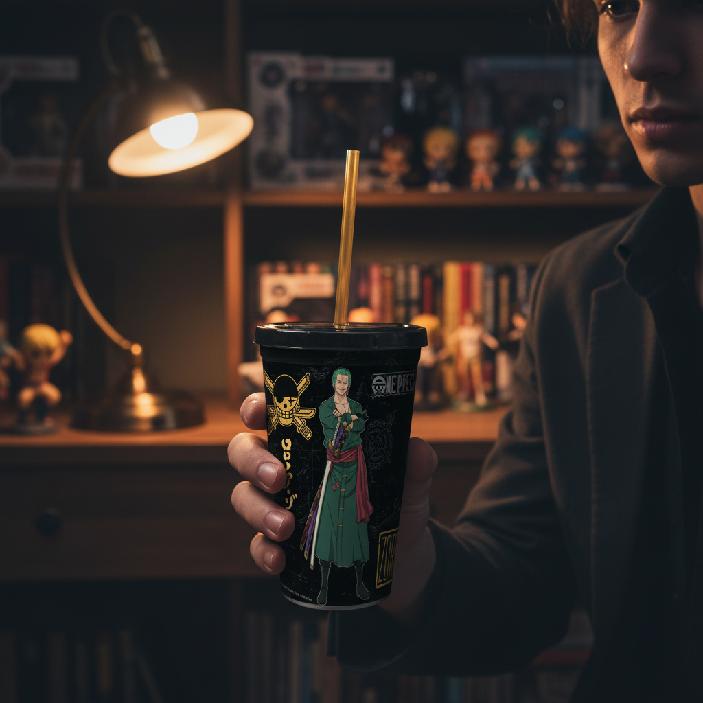 Fans Geek Store One Piece double-walled cup featuring Zoro with a straw, held by a person in a dimly lit room.